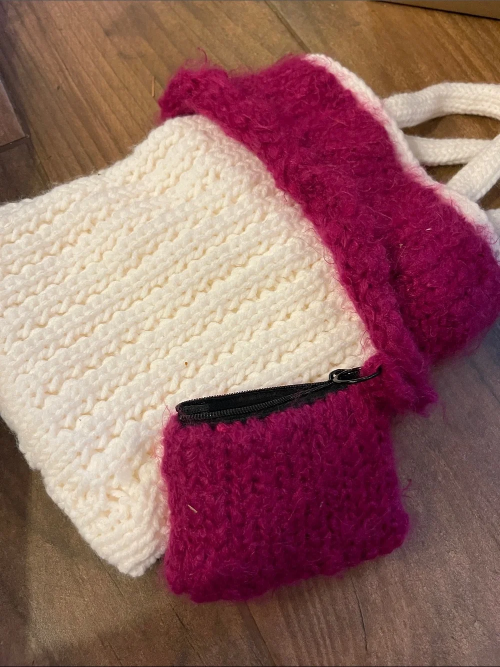 Cream and Fuchsia Knit Satchel Tote Bag